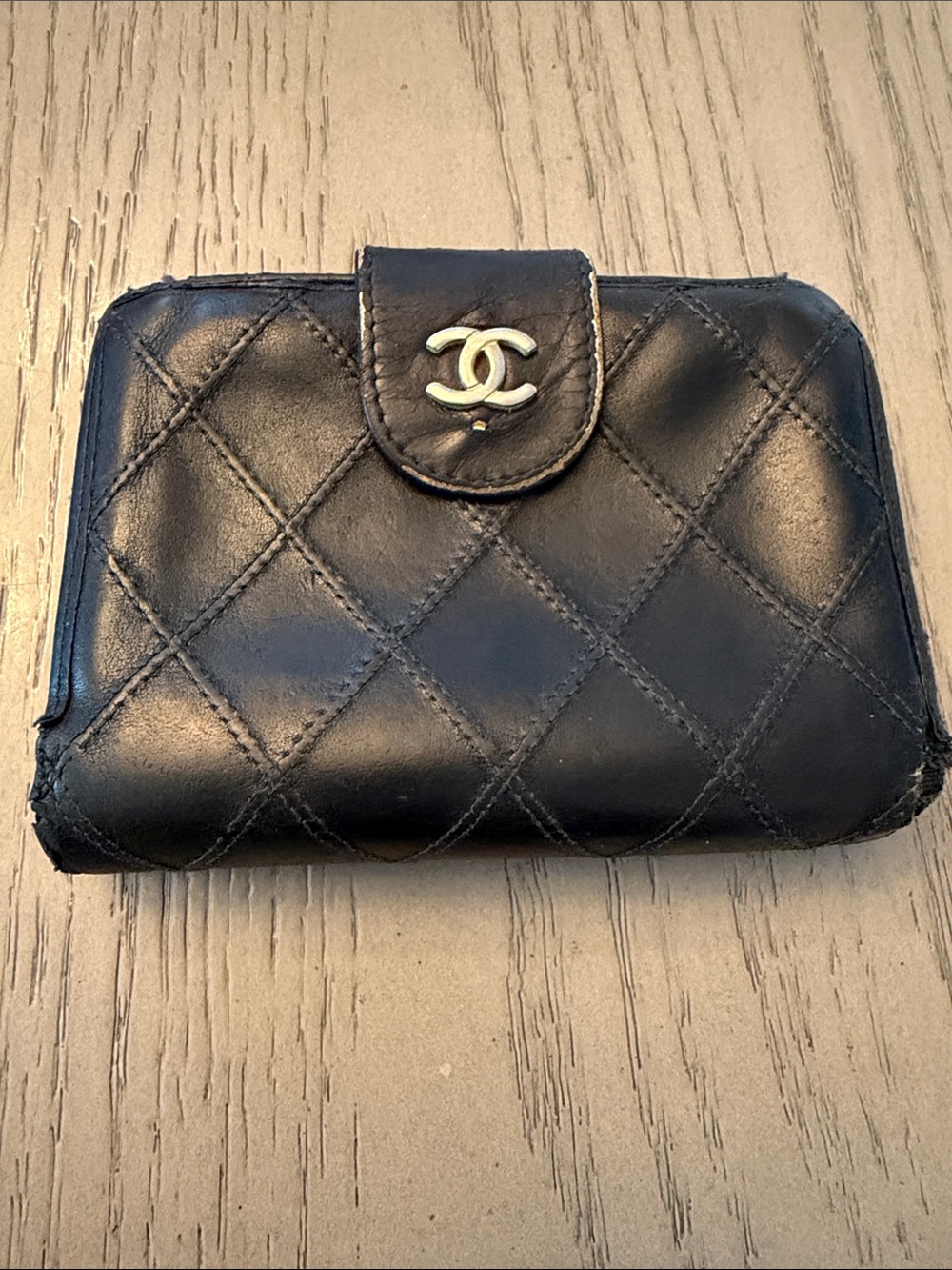 CHANEL Black Quilted Leather Snap Wallet with Gold CC